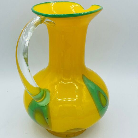 Large Vintage Hand Blown Glass Pitcher Bright Yellow & Green Mid-Century 1960s - Picture 5 of 12